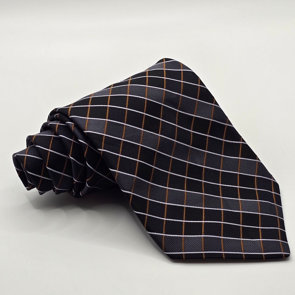 Hart Schaffner Marx Silk Tie Mens Black Gold Plaid Grid Hand Tailored‎ USA